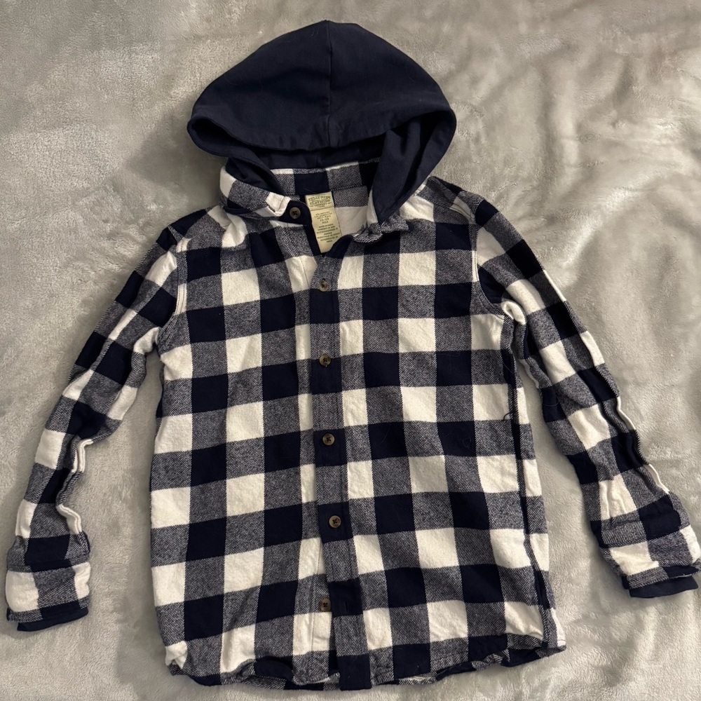 Kids Checkered Button Down Shirt with Hood - Navy and White